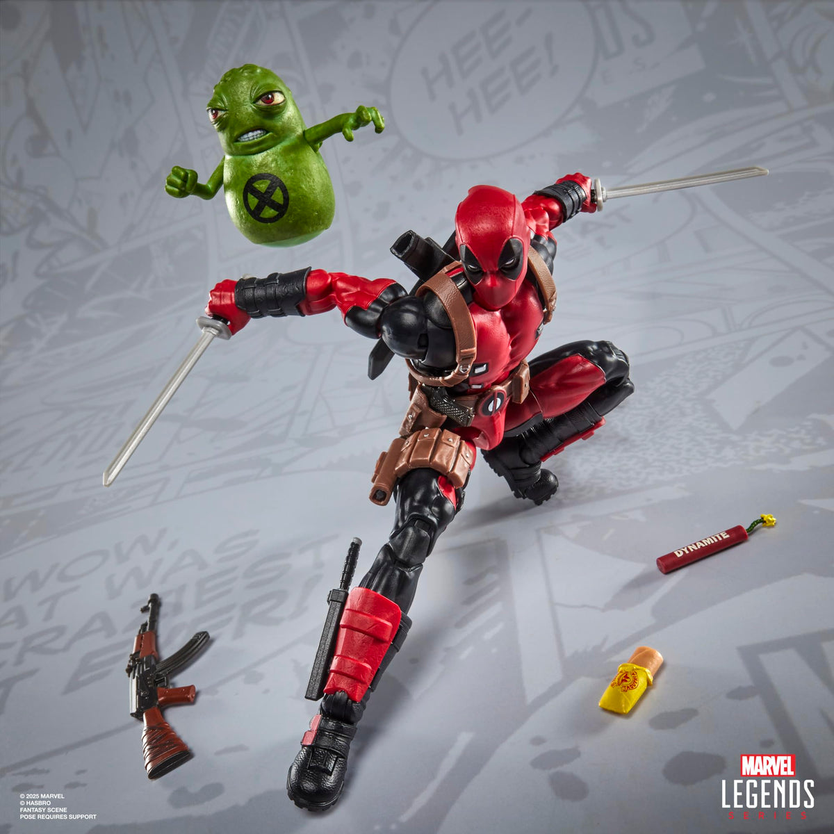 Doop figure with stand for floating display beside Deadpool.