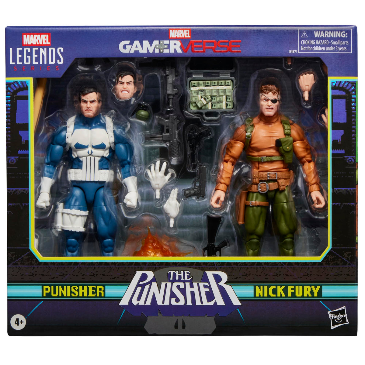 Marvel Legends Gamervers Punisher and Nick Fury front view for dynamic shelf display.