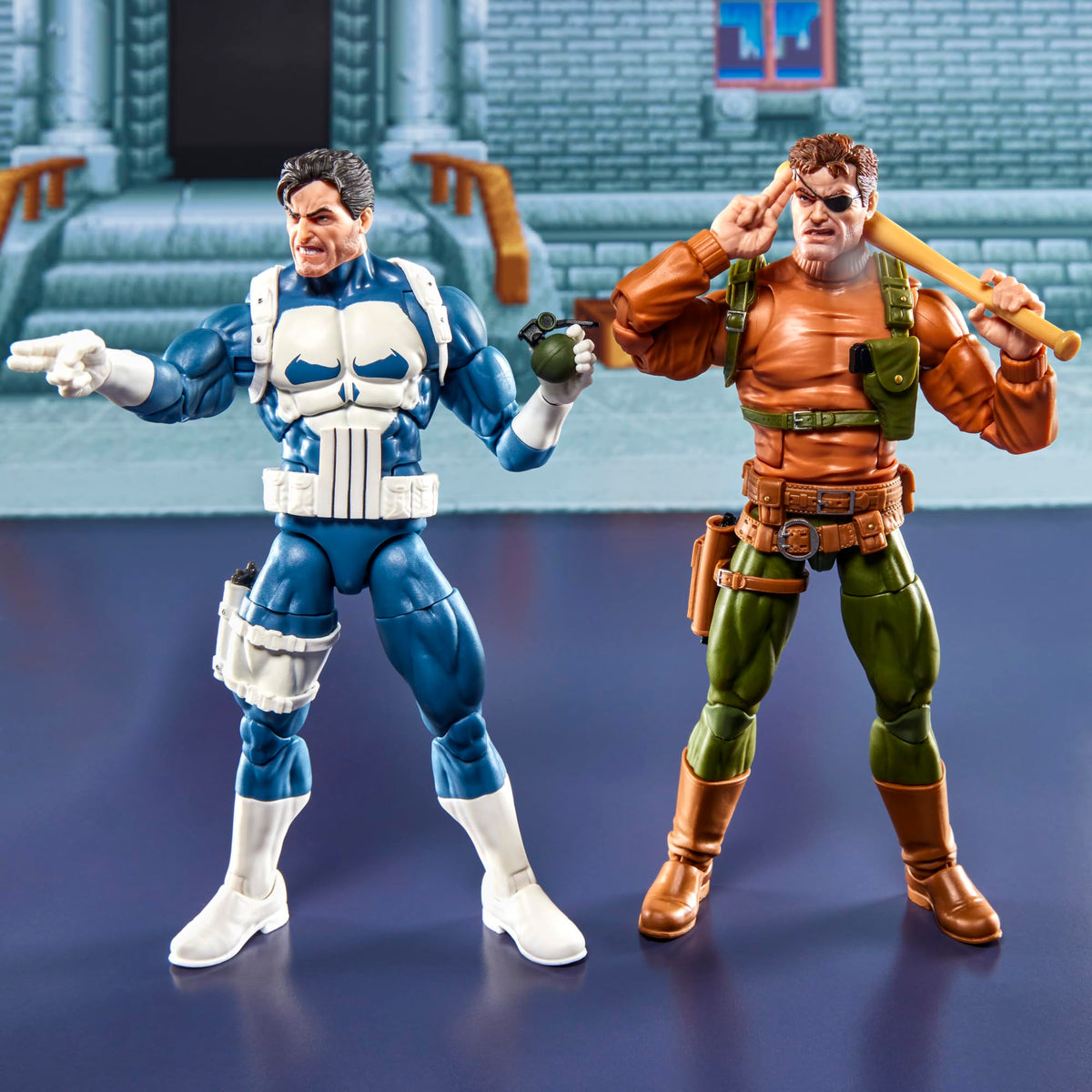 Marvel Legends Gamervers Punisher Nick Fury poseable figures demonstrating articulation for dioramas.