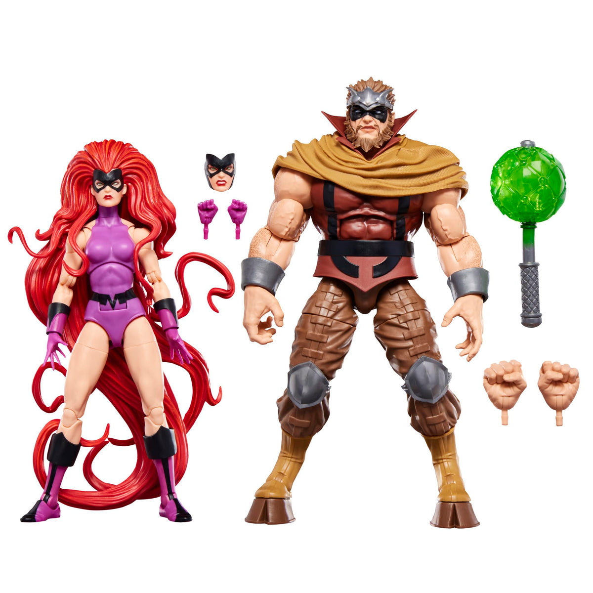 Marvel Legends Inhumans Medusa & Gorgon two-pack front view for display with premium deco