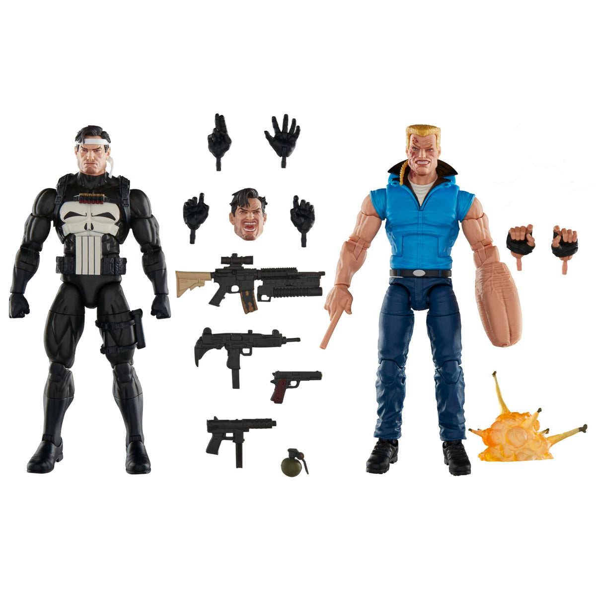 Marvel Legends Punisher and Bushwacker figures front view for shelf display.