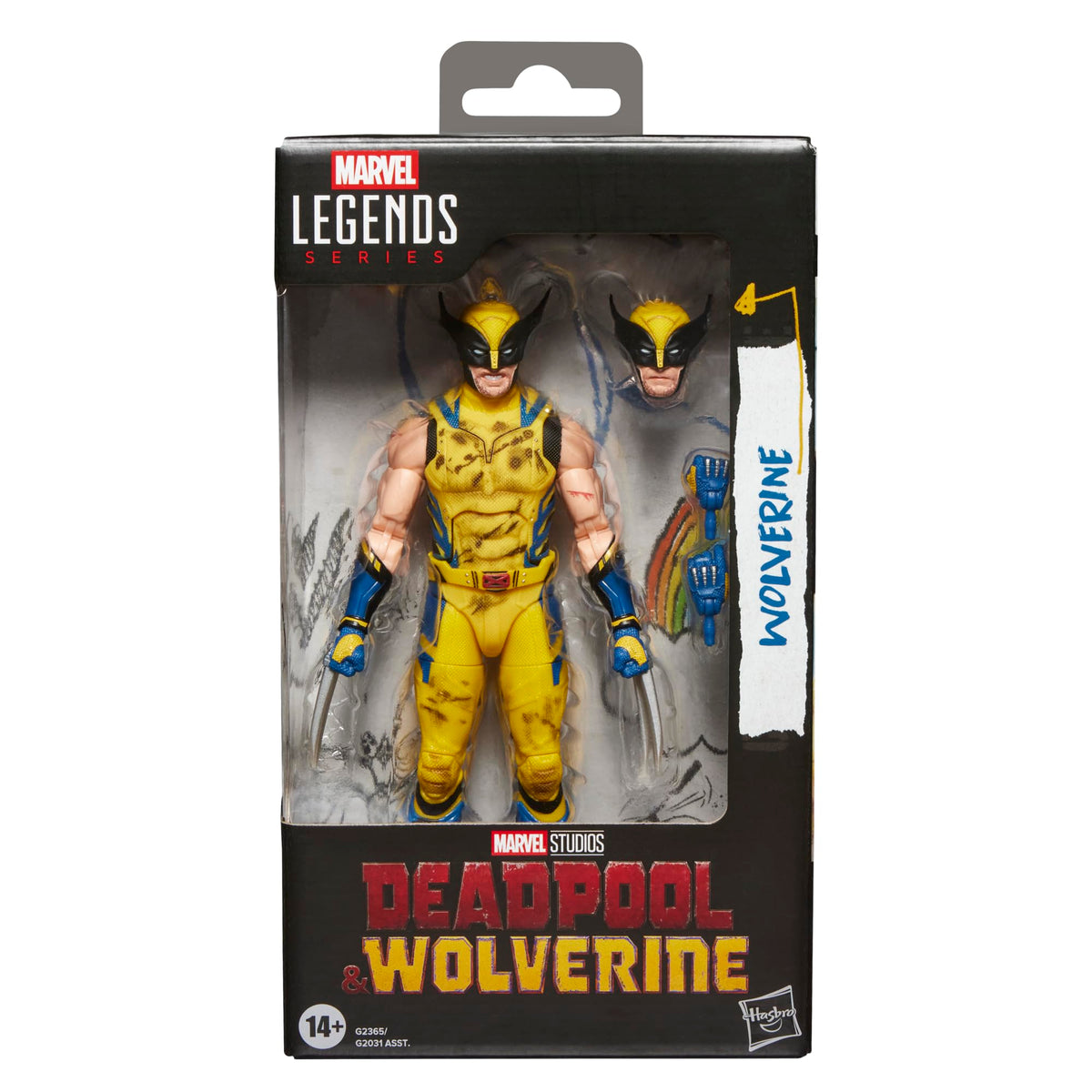 Marvel Legends Wolverine front view figure showcases iconic movie-inspired styling for display collections.