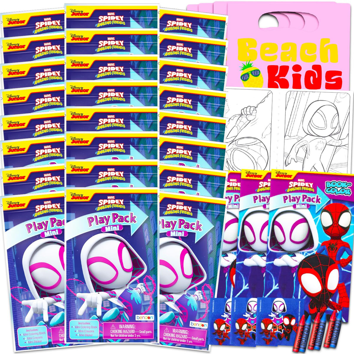 Marvel Spider Girl Gwen Stacy mini party favors with coloring pages and stickers for creative fun.
