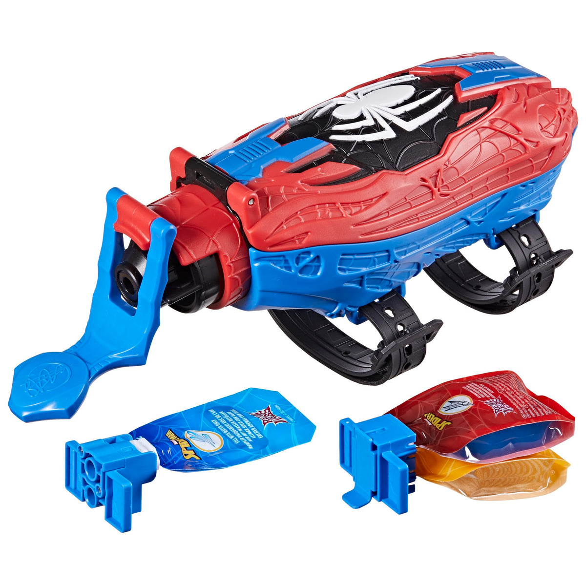 Marvel Spider-Man Real Webs pouch keeps refills handy for quick web action.