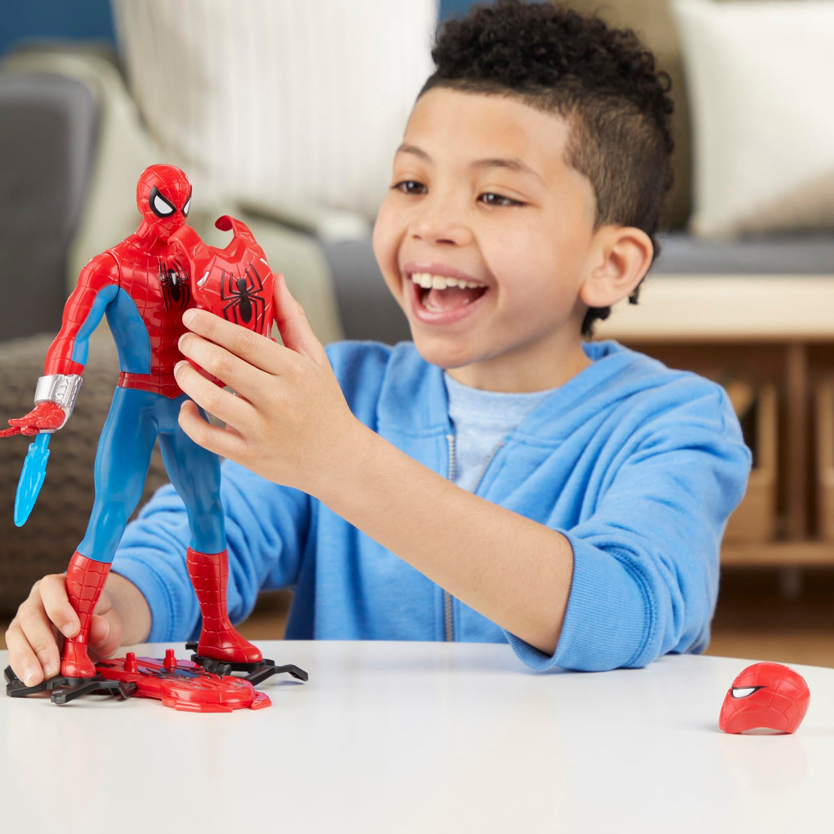 Marvel Spider-Man Thwip Blast figure on display shelf for heroic decor.
