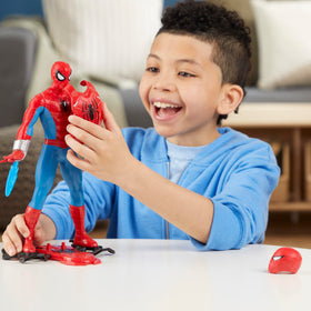 Marvel Spider-Man Thwip Blast figure on display shelf for heroic decor.