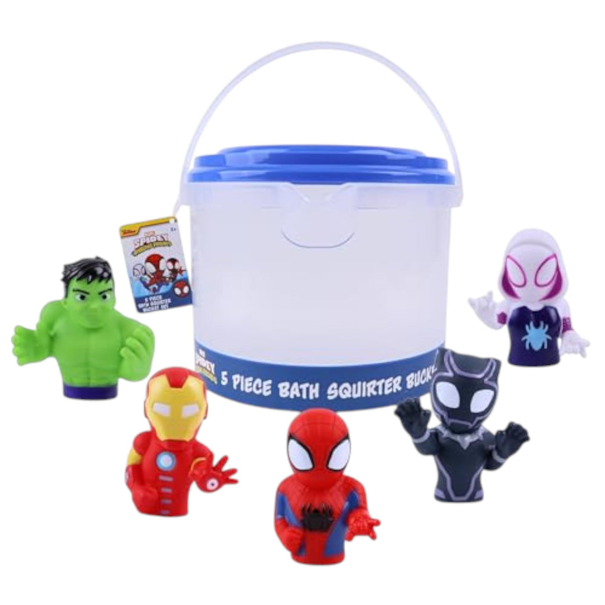 Marvel Spidey & Friends bath set with bucket, ideal for organized bath time and imaginative play.