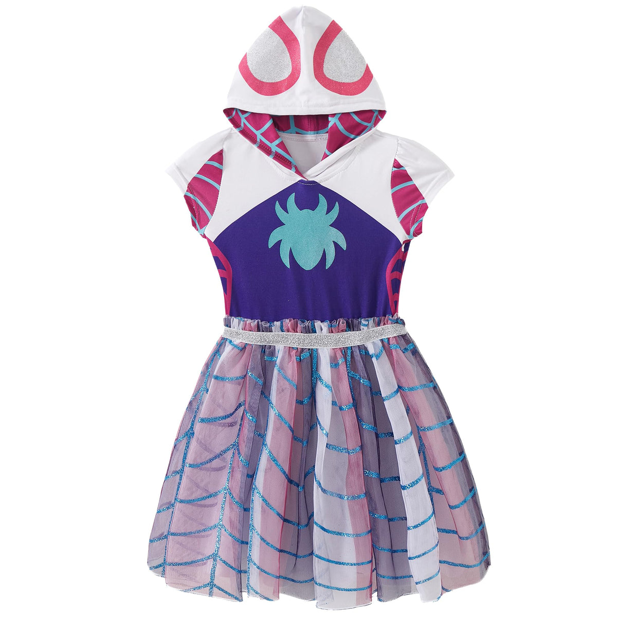 Marvel Spidey Ghost Spider hooded tulle dress for toddlers with Gwen Stacy-inspired colors for imaginative play