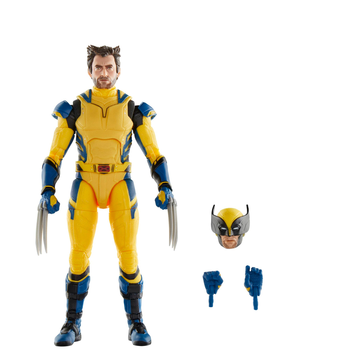 Marvel Legends Wolverine and Deadpool figure front view, ideal for shelf display and posing.