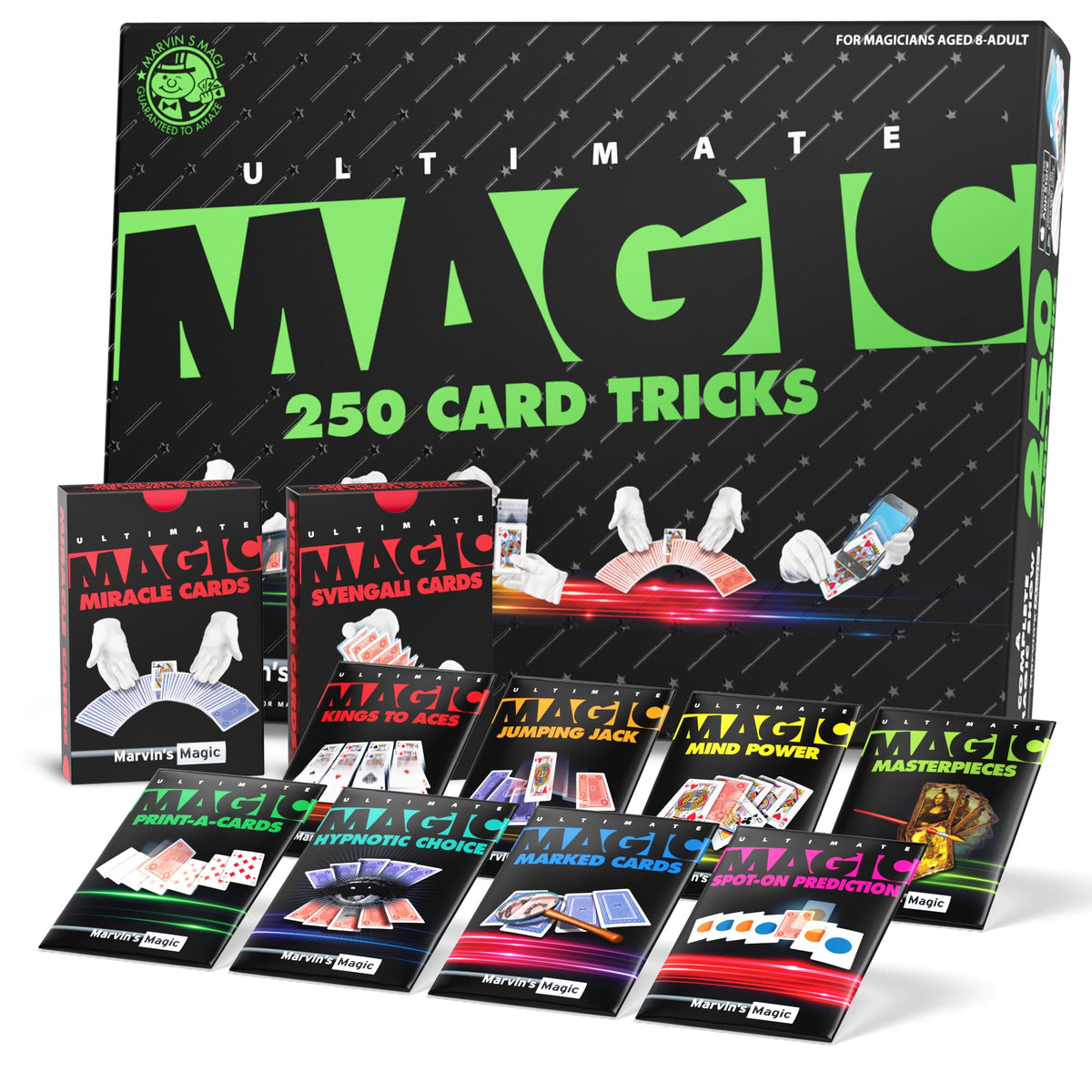 Marvin's Magic Ultimate 250 Card Tricks Set box shown for home performances