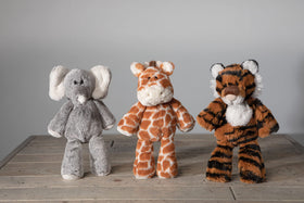 Mary Meyer Marshmallow Junior Tiger side view reveals squeezable toy ideal for travel hugs.