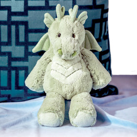 Marshmallow Zoo Dragon in sage green fabric invites gentle storytelling and imagination