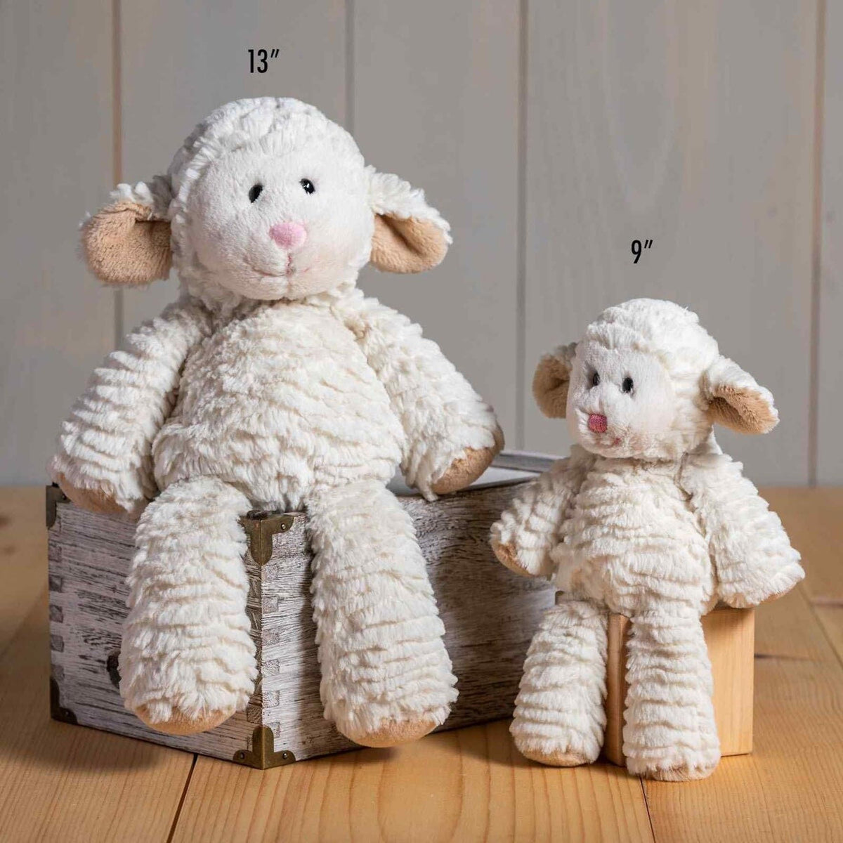 Mary Meyer Marshmallow Zoo Lamb weighted limbs for balanced hugs.