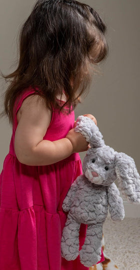 Mary Meyer Shadow Putty Bunny ears close-up, ultra-soft fabric encourages gentle touch and imaginative play.