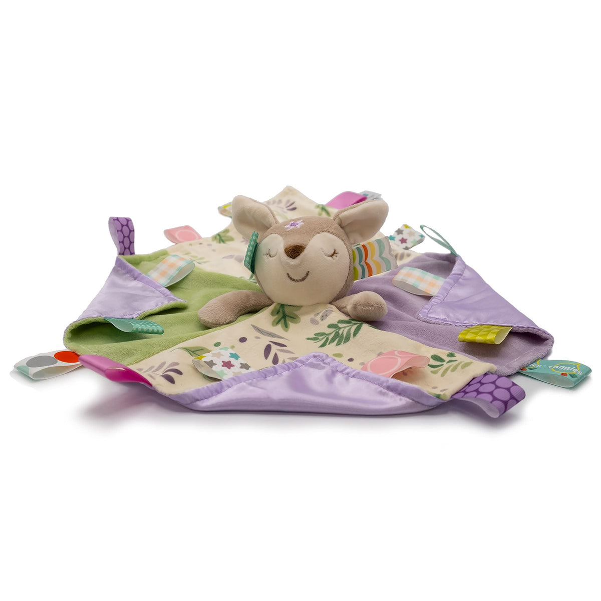 Taggies Flora Fawn satin tags inviting tactile exploration.