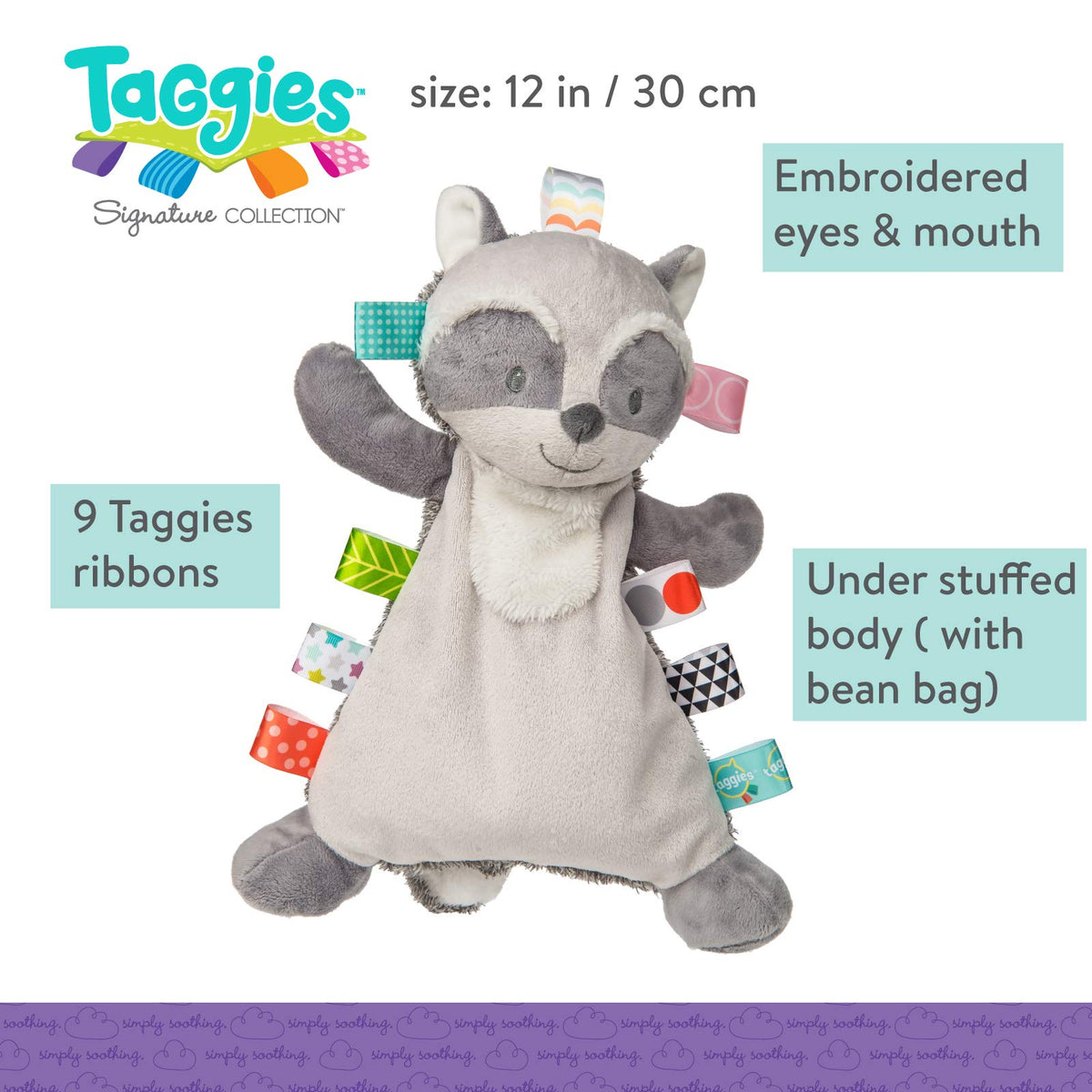 Mary Meyer Taggies Harley Raccoon Lovey satin tags closeup showing colorful loops for sensory play.