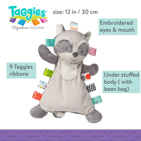 Mary Meyer Taggies Harley Raccoon Lovey satin tags closeup showing colorful loops for sensory play.