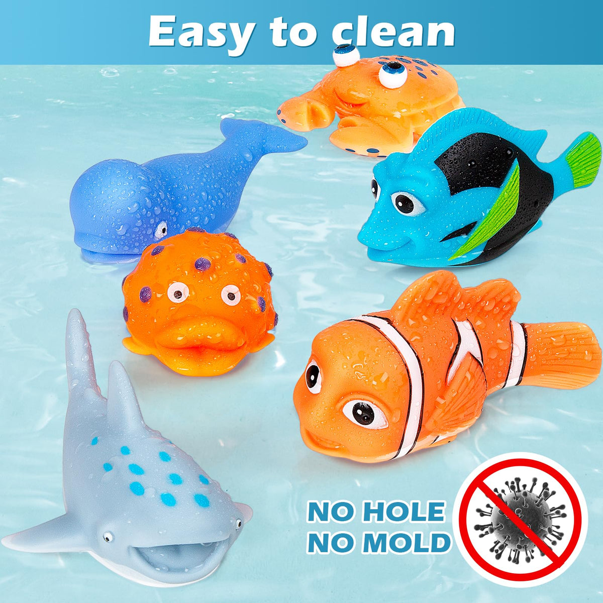 Masagotti no-hole bath toy fish, friendly shapes spark imaginative pretend play.