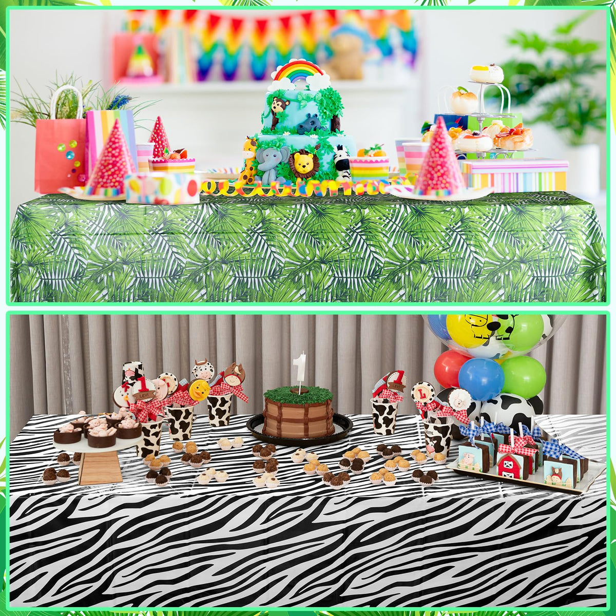 MASHAN monstera-leaf tablecloth enhances tropical party ambiance.