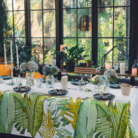 MASHAN safari-theme tablecloth ties jungle decor together for photos.