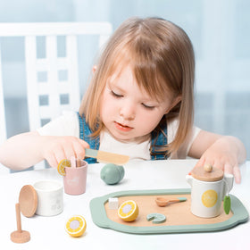 Masonbaby Lemonade Stand Kitchen Tools support coordinated play and caregiver-child storytelling.