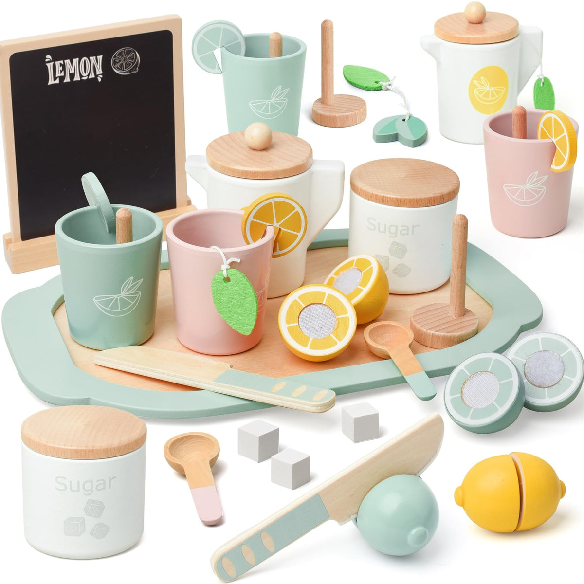 Masonbaby Lemonade Stand Tea Set wooden playset sparks imaginative pretend tea parties and social play.