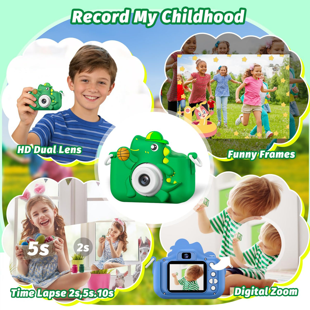 Masterbee Kids Camera selfie mode enables fun self-portraits with friends.