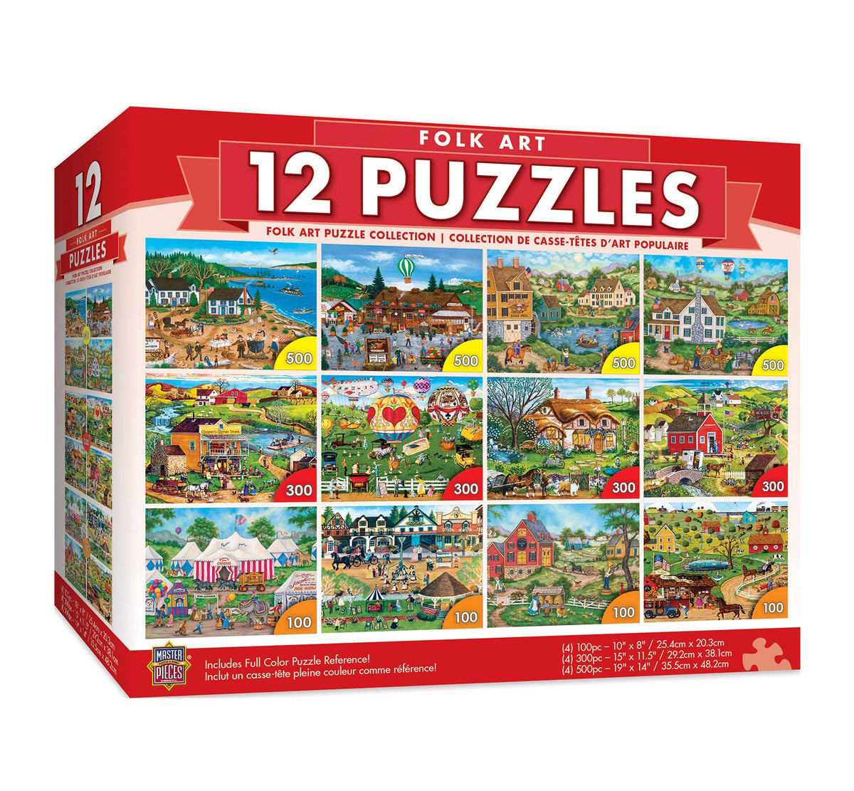 MasterPieces forest folk-art round 100-piece puzzle with vibrant colors for family evenings.