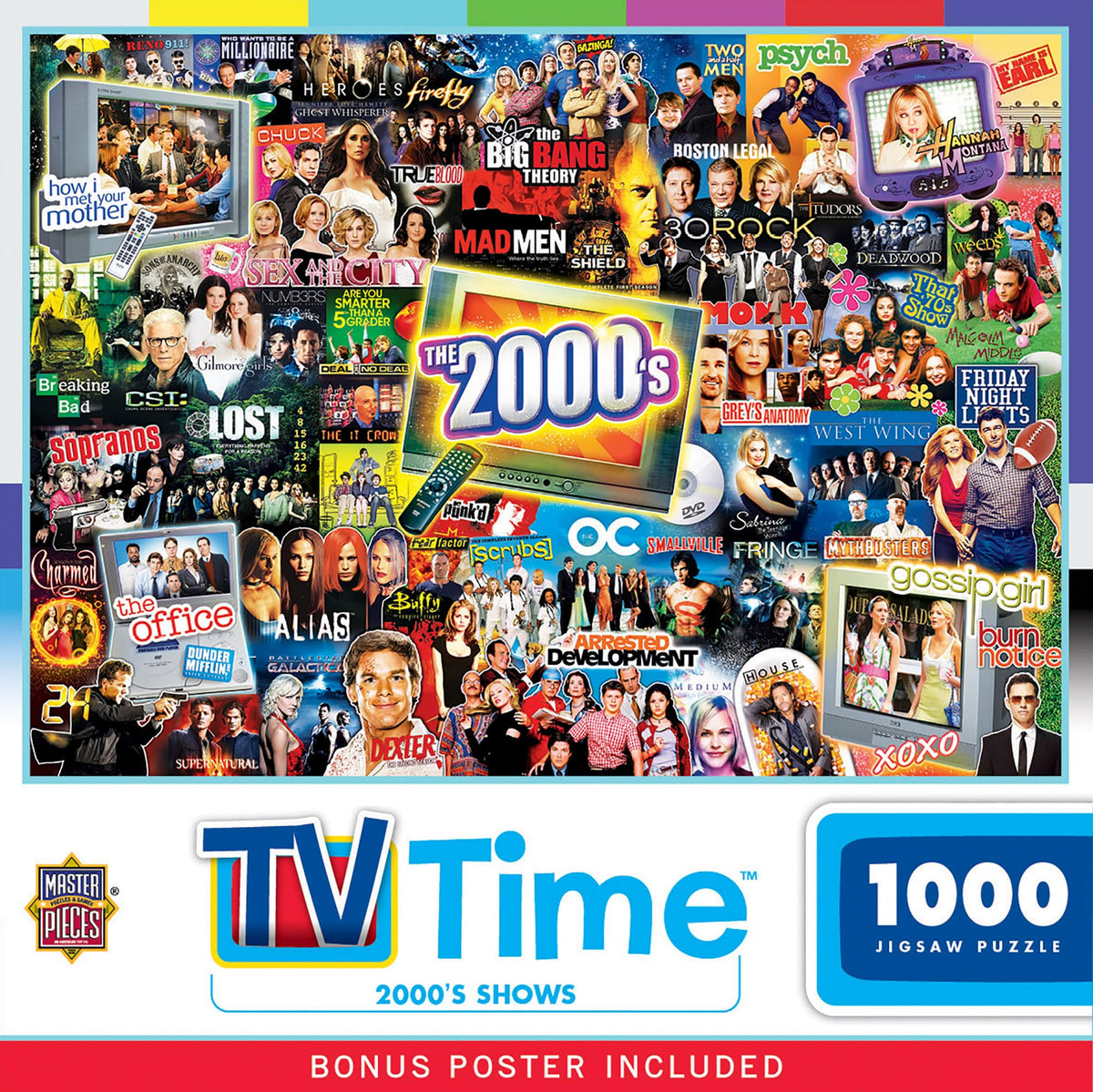 Masterpieces 2000s TV Shows puzzle offers a vibrant scene for family game night.