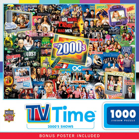 Masterpieces 2000s TV Shows puzzle offers a vibrant scene for family game night.