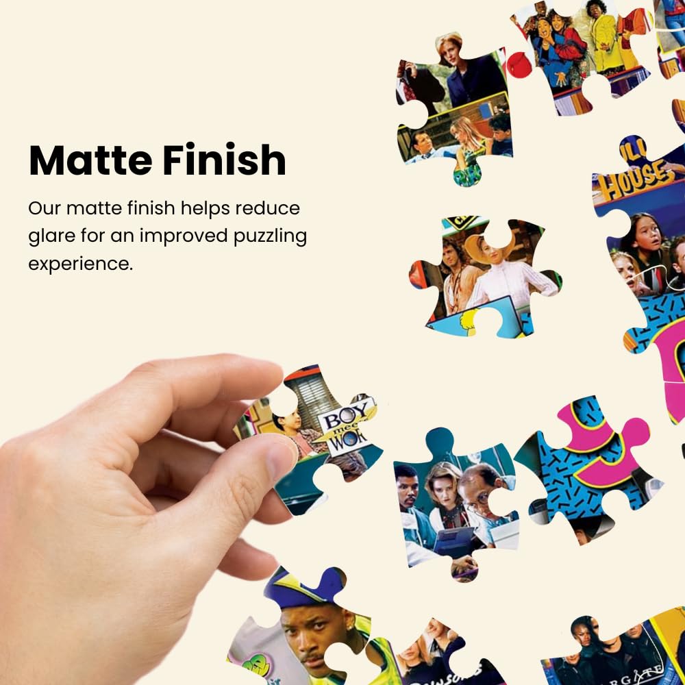 Masterpieces puzzle uses thick recycled board for durable, long-lasting interlocking pieces.