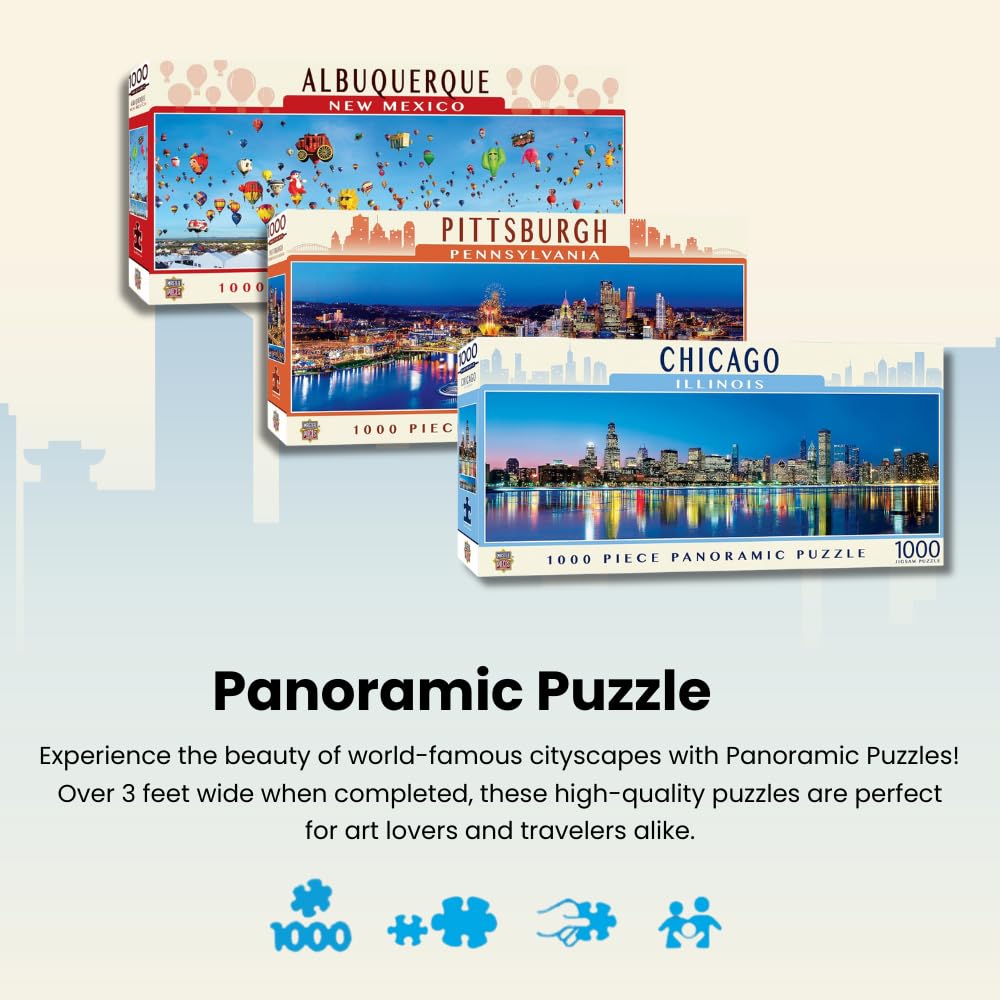 MasterPieces Chicago Puzzle windy city skyline highlighting iconic landmarks for display.