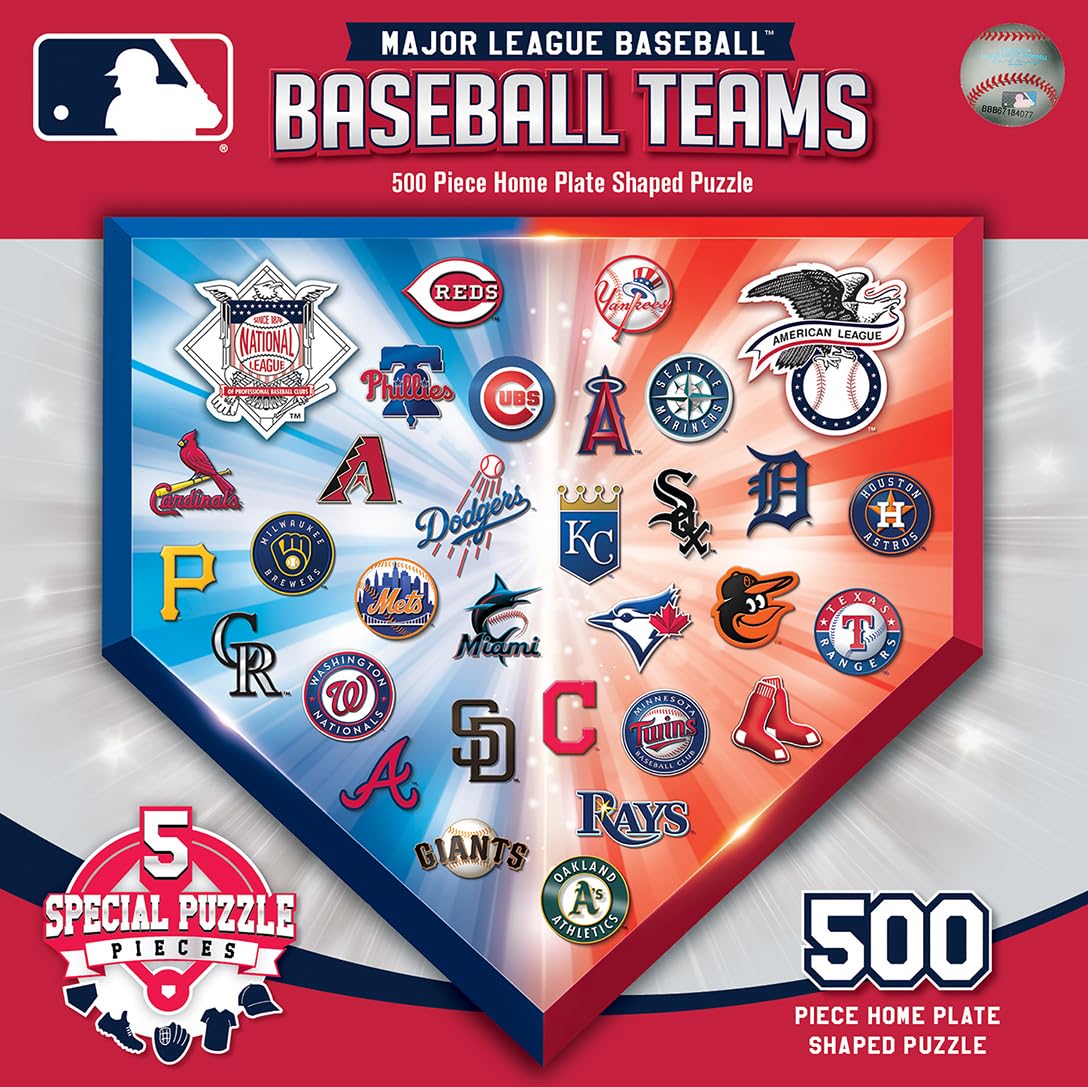 Masterpieces MLB Home Plate 500pc puzzle with home-plate design and MLB logos for family puzzle night.