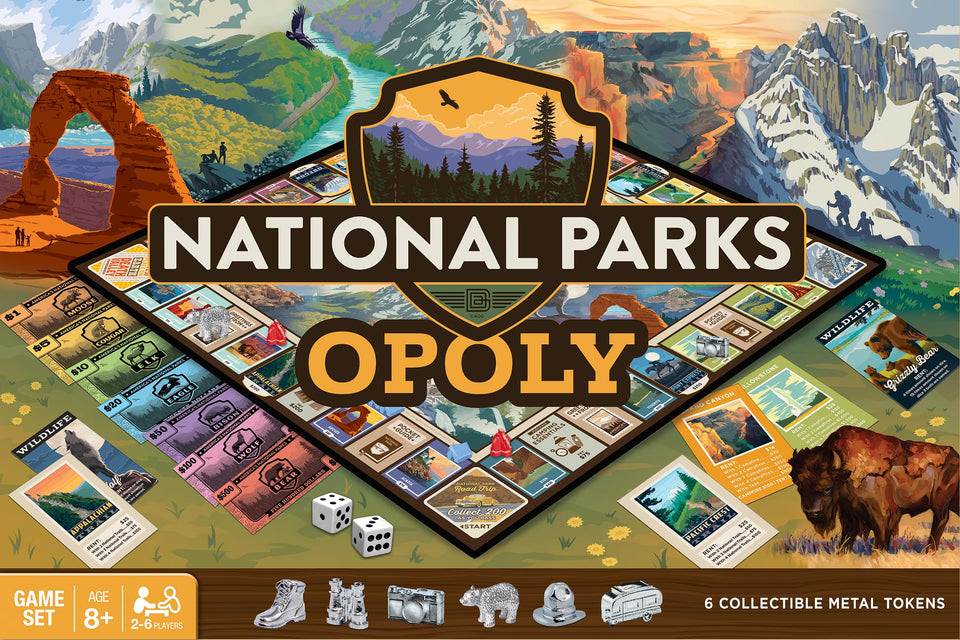 Masterpieces National Parks Opoly board game front view, perfect for family game night and learning about parks.