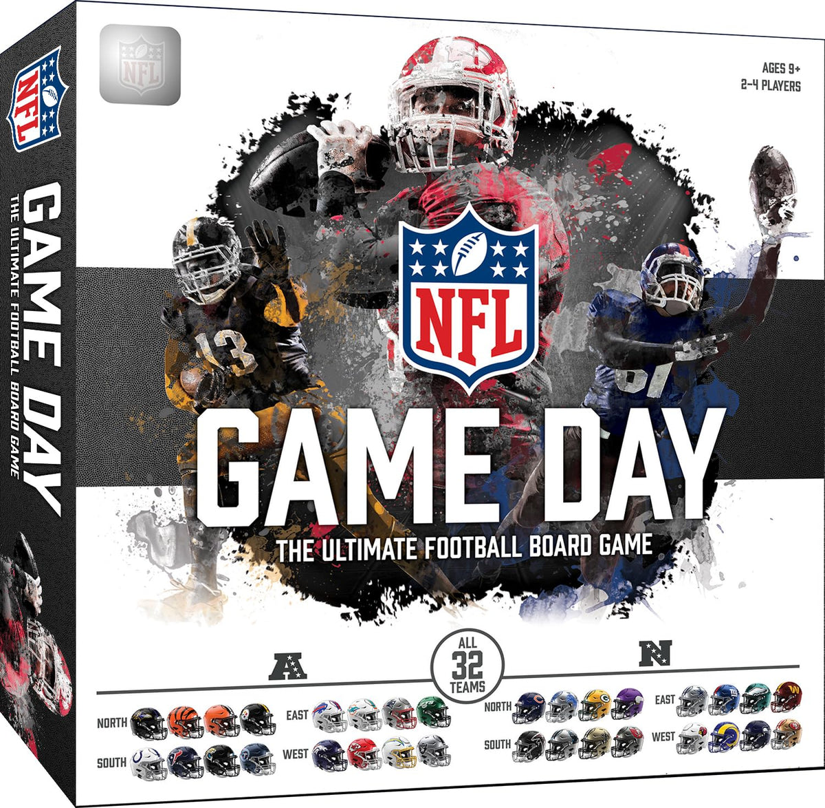 Masterpieces NFL Game Day board on table, offering family-friendly football strategy and trivia.
