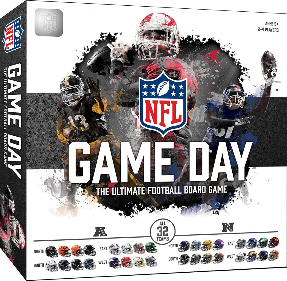 Masterpieces NFL Game Day board on table, offering family-friendly football strategy and trivia.