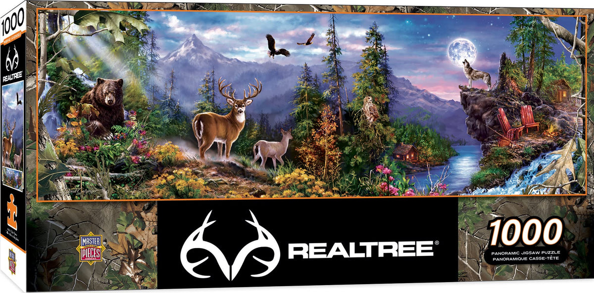 MasterPieces Realtree panoramic forest puzzle with 1000 pieces for quiet evenings and family bonding.