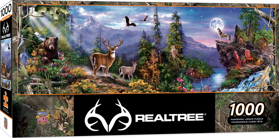MasterPieces Realtree panoramic forest puzzle with 1000 pieces for quiet evenings and family bonding.