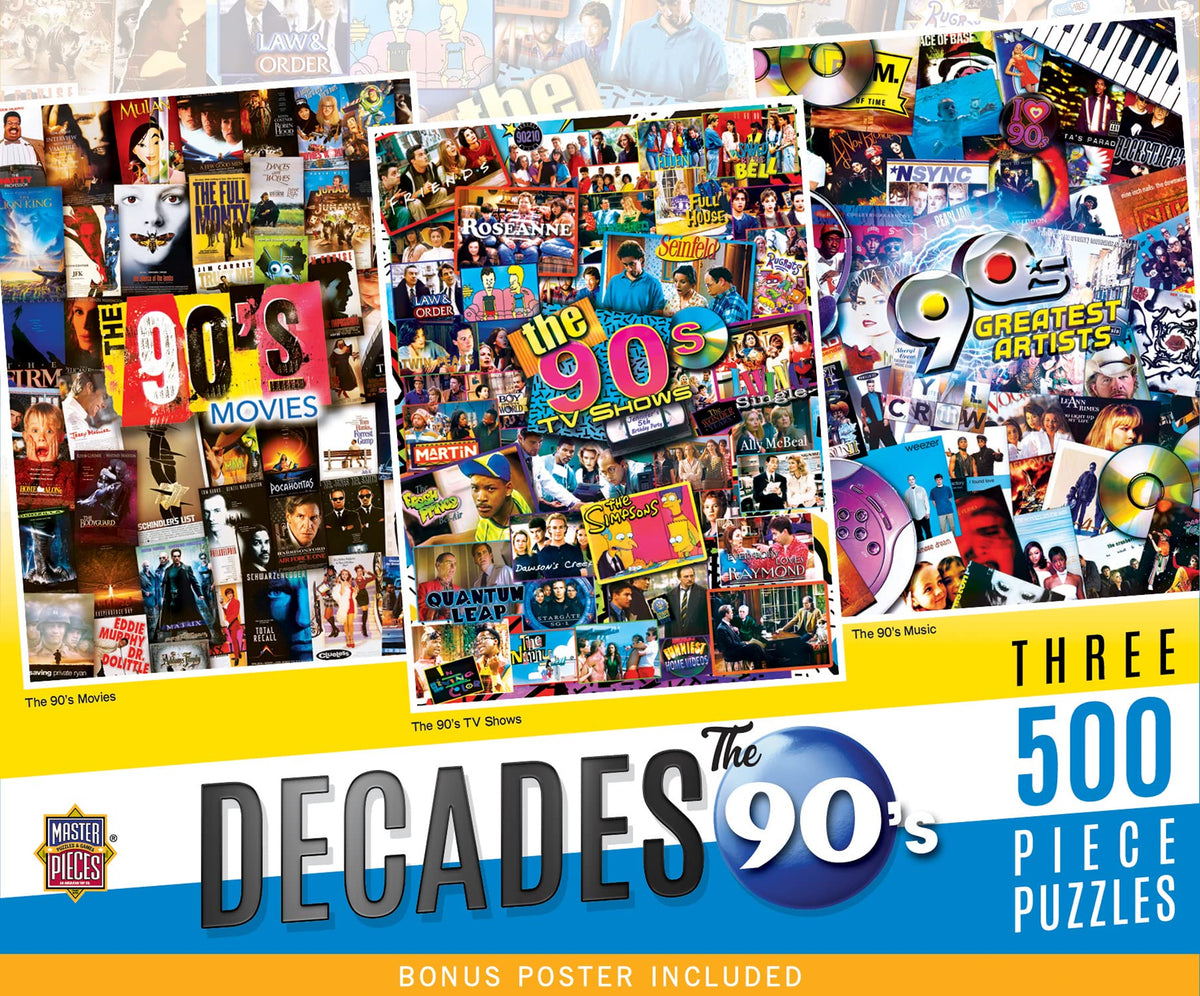 MasterPieces The 90's 3-pack 500pc puzzle showing vibrant retro artwork for family puzzle night.