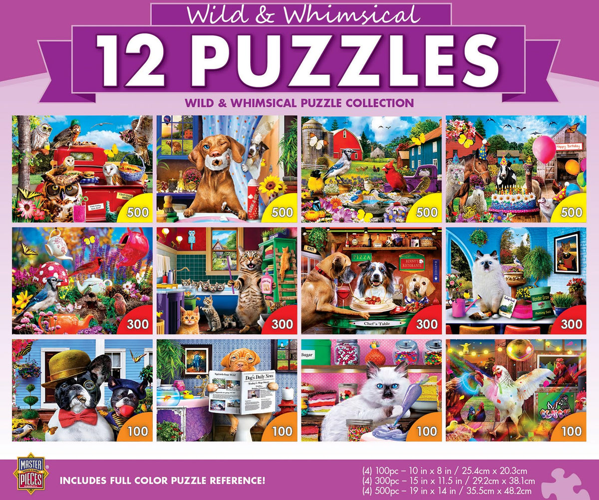 MasterPieces wild whimsical 12-pack puzzles with fold-out poster, ideal for family game night.