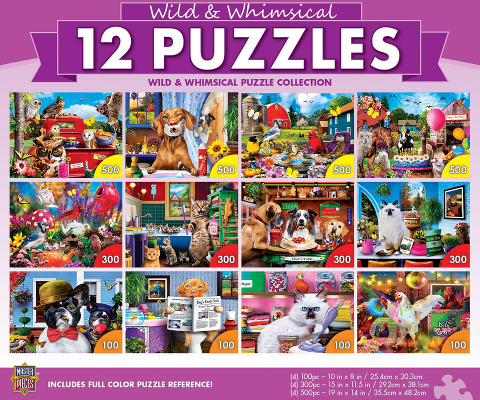 MasterPieces wild whimsical 12-pack puzzles with fold-out poster, ideal for family game night.