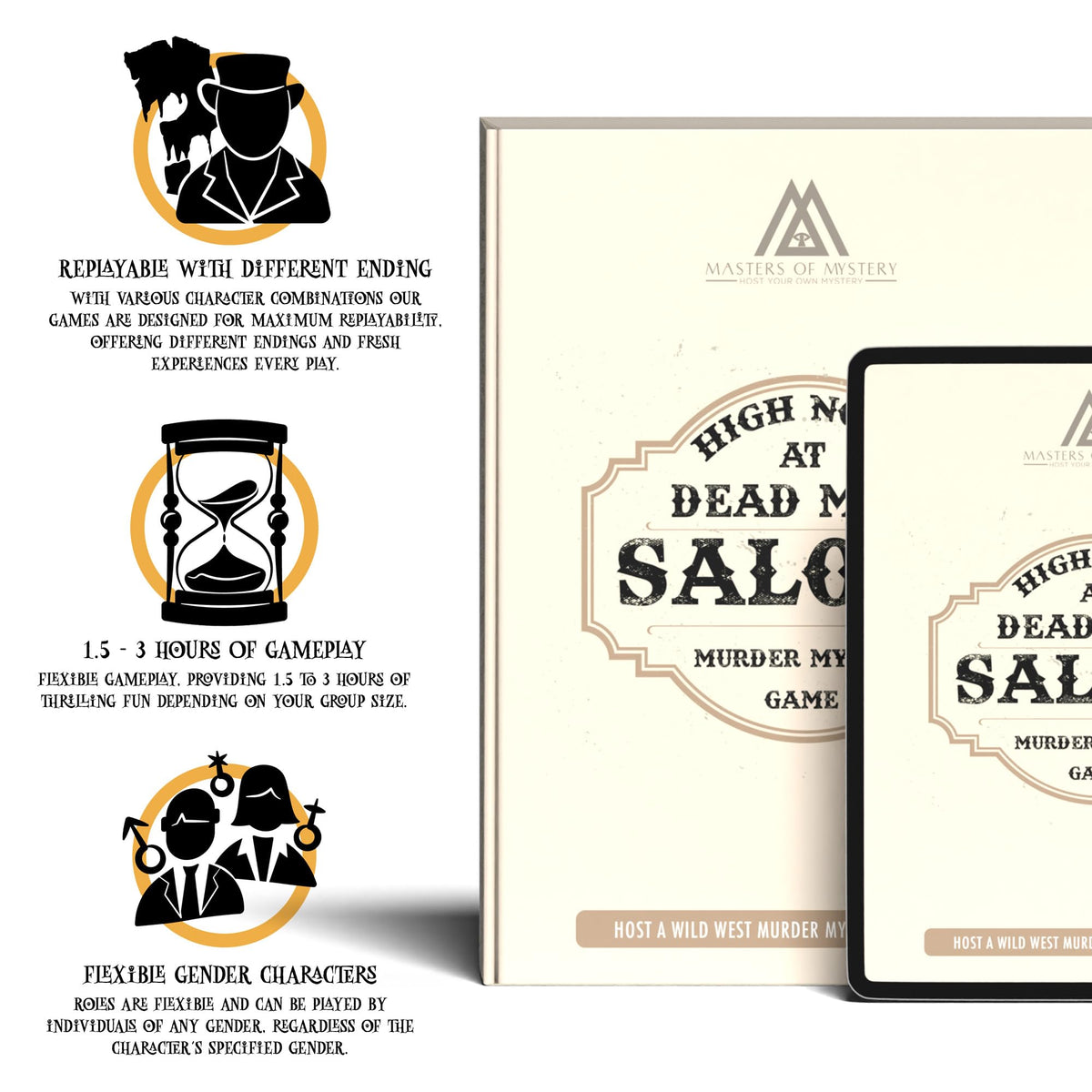 Masters of Mystery character cards introduce diverse roles for inclusive evenings