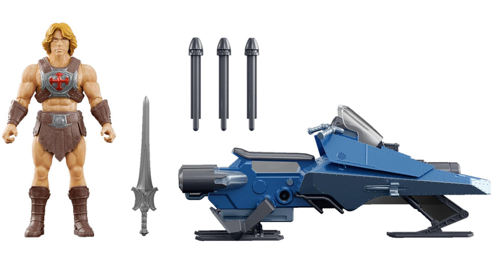 Masters of the Universe He-Man on Sky Sled blaster ready for action.