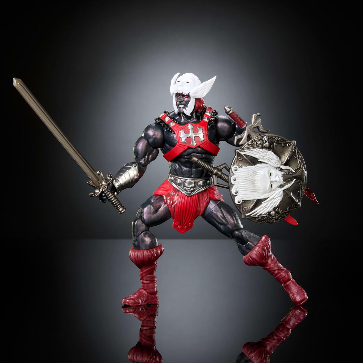 Helmet and shield details on Masters of the Universe Masterverse Anti-Eternia He-Man.