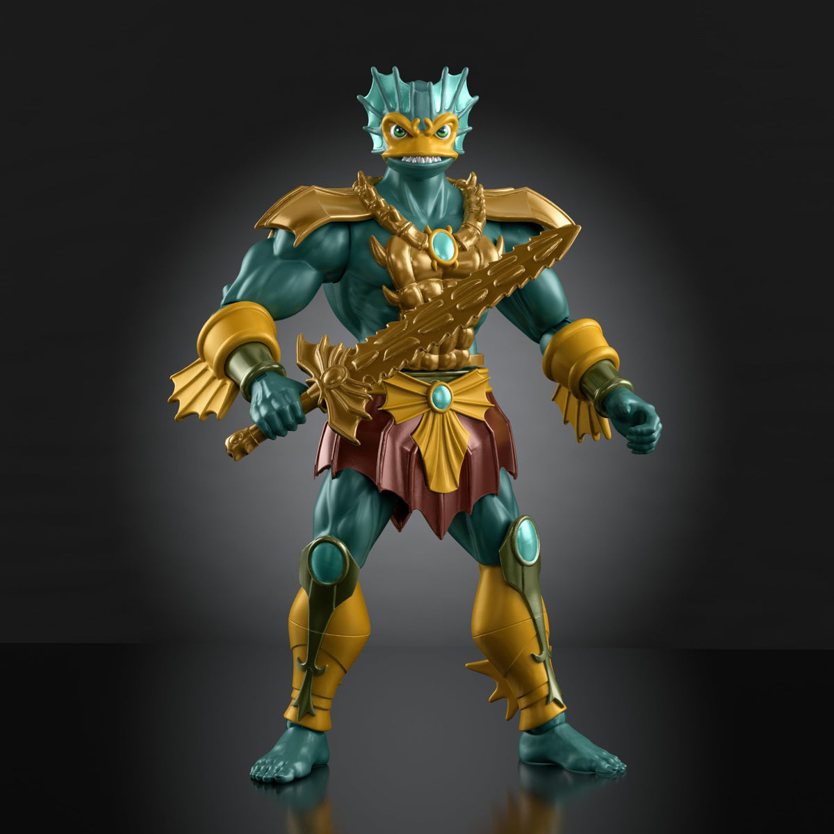 Mer-Man figure angled shot highlights 16-point articulation for action posing.