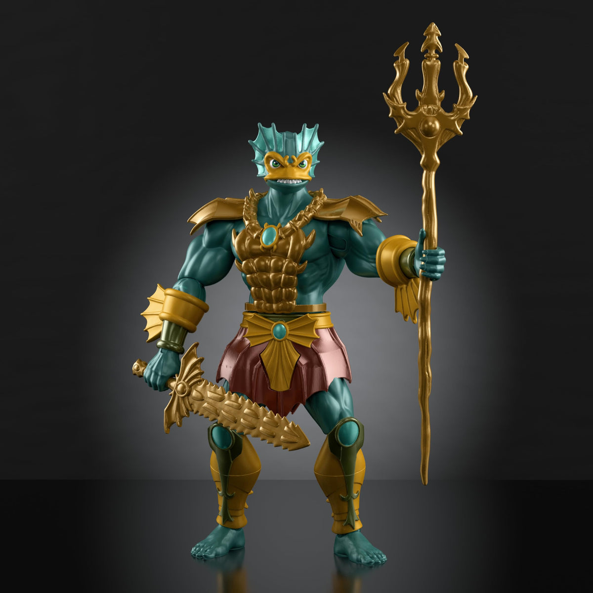 Mer-Man trident accessory enhances battle-ready display and play scenarios.