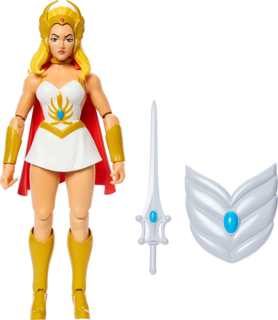 Masters of the Universe Origins She-Ra front view figure showcases vintage design with modern articulation.