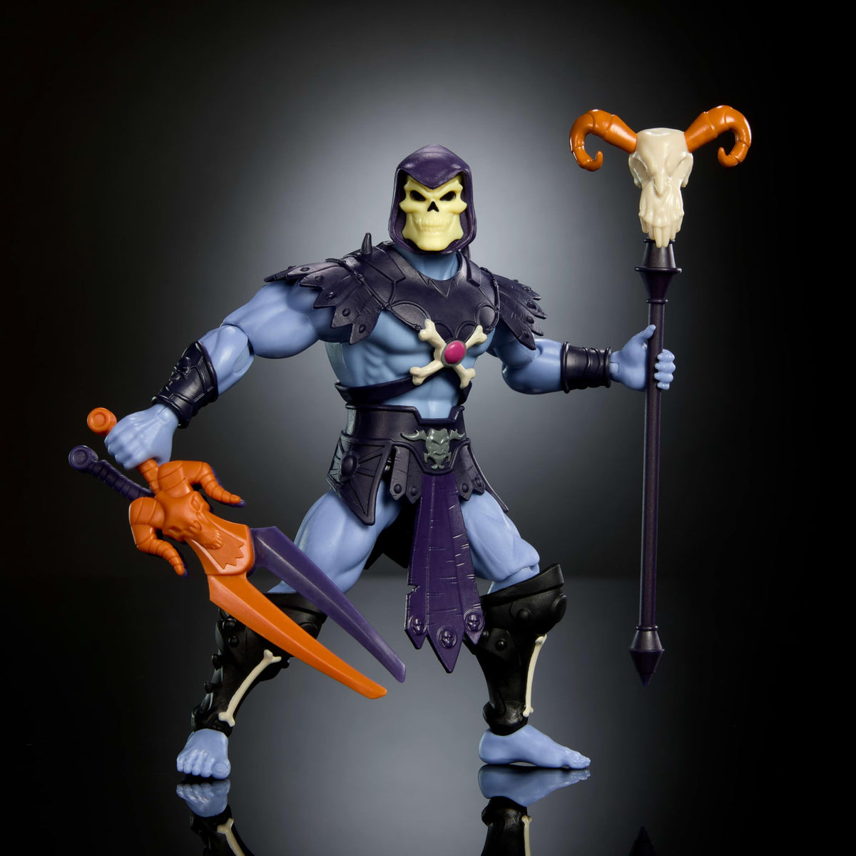 Cape detail on Skeletor Origins reflecting retro cartoon aesthetics for display