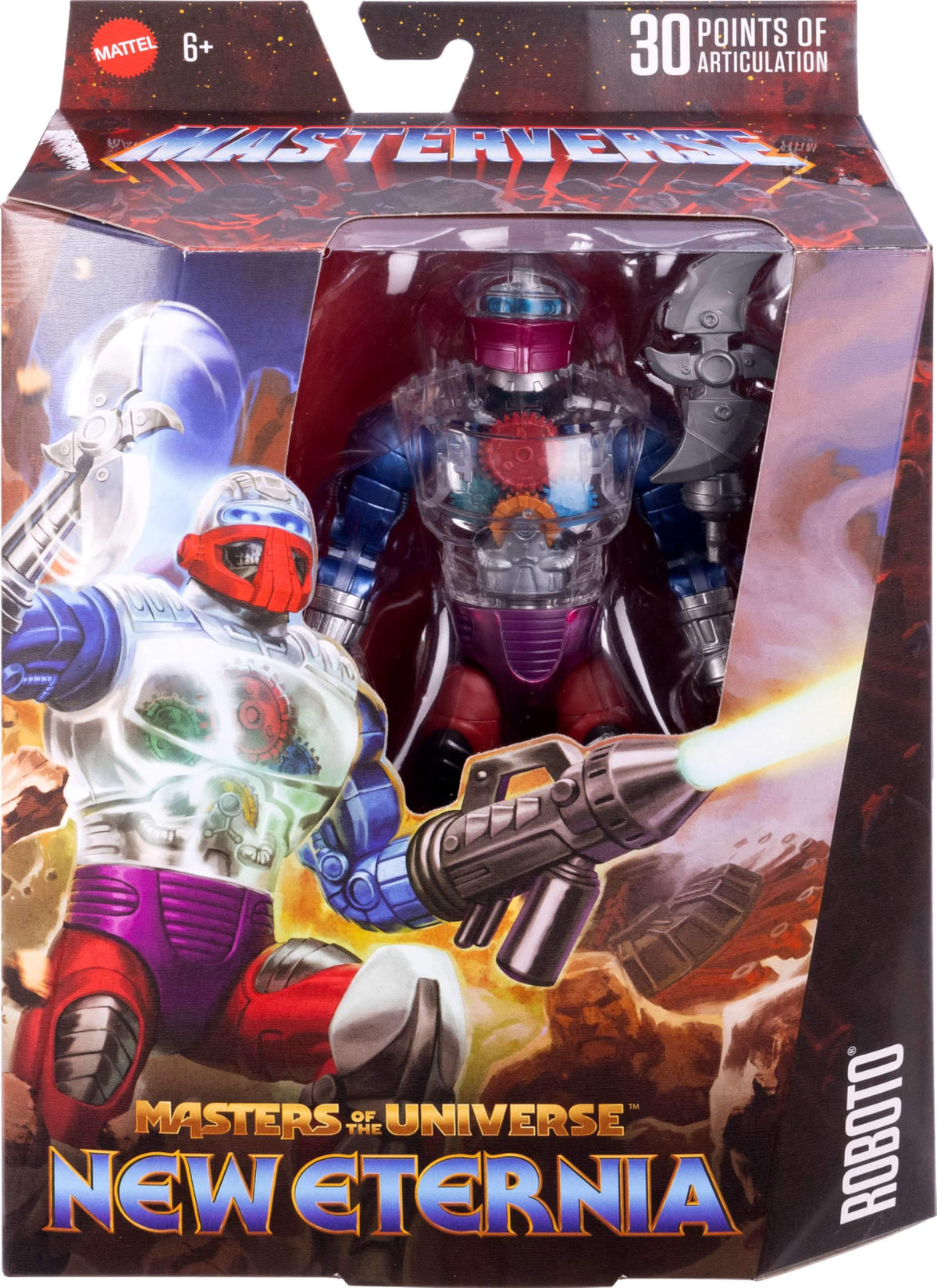 Masters of the Universe Roboto back dial activates visible robotics motion.