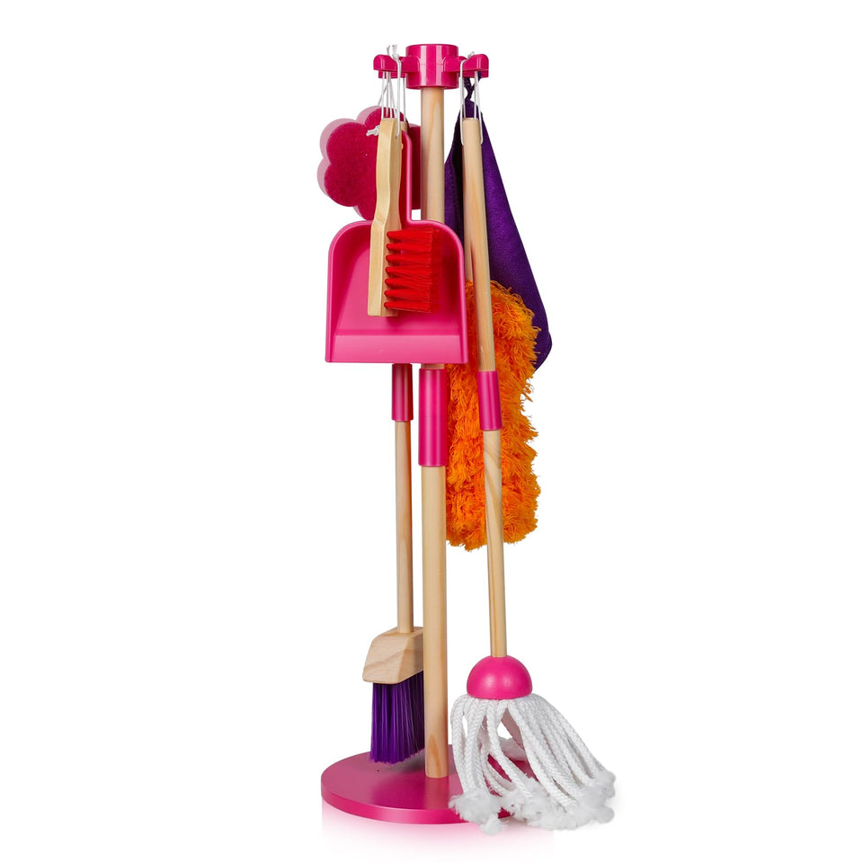 Masthome 8 piece wooden cleaning set with toy rack for organized playtime.